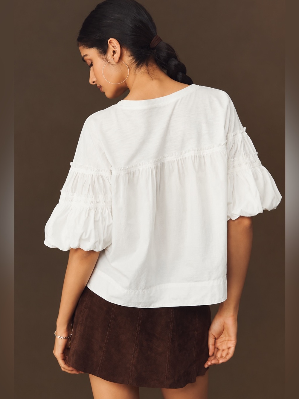 Pilcro Reworked Ruffle Sleeve Top White Cotton Puff Sleeve Mixed Media Blouse S - Picture 9 of 10